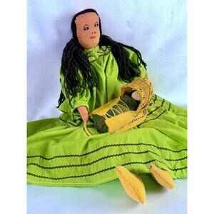 VTG Apache Cloth Doll w/ Baby Papoose Cradleboard Beaded Leather Moccasins 19”